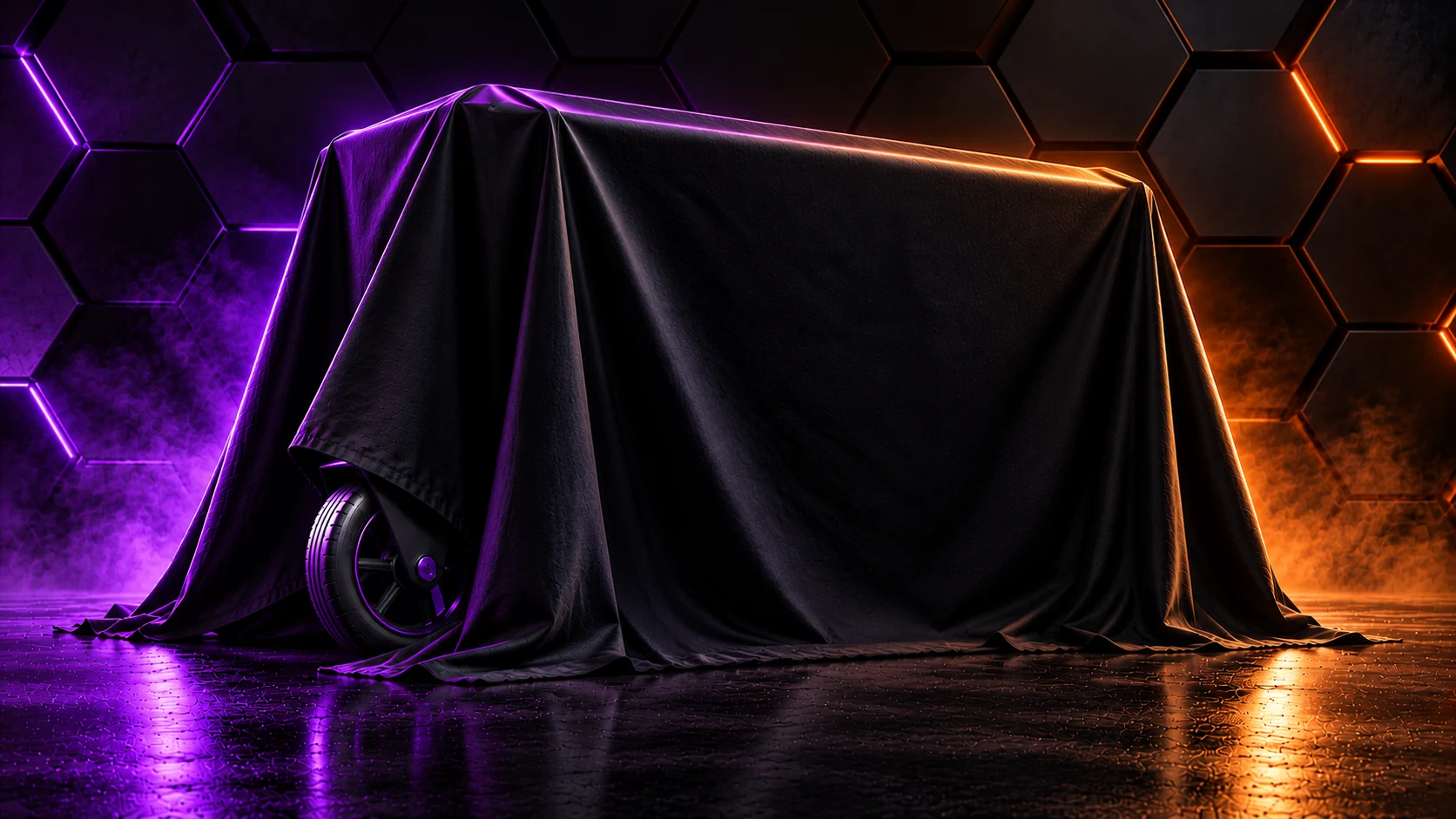 A mysterious mobile workstation concealed beneath dark fabric, with one wheel visible, lit by purple and orange lights against a hexagonal background